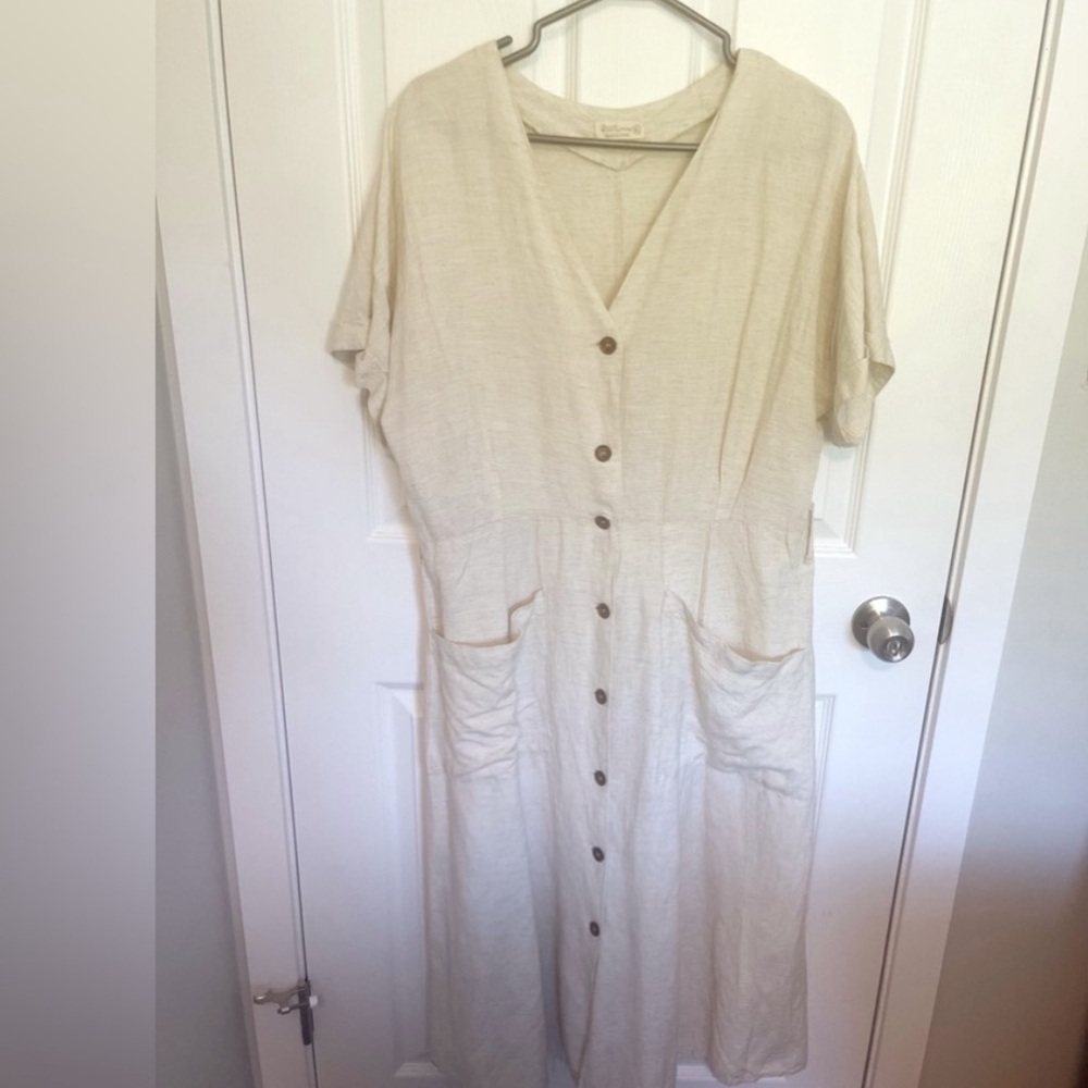Cream Linen Button Down Dress with Pockets
